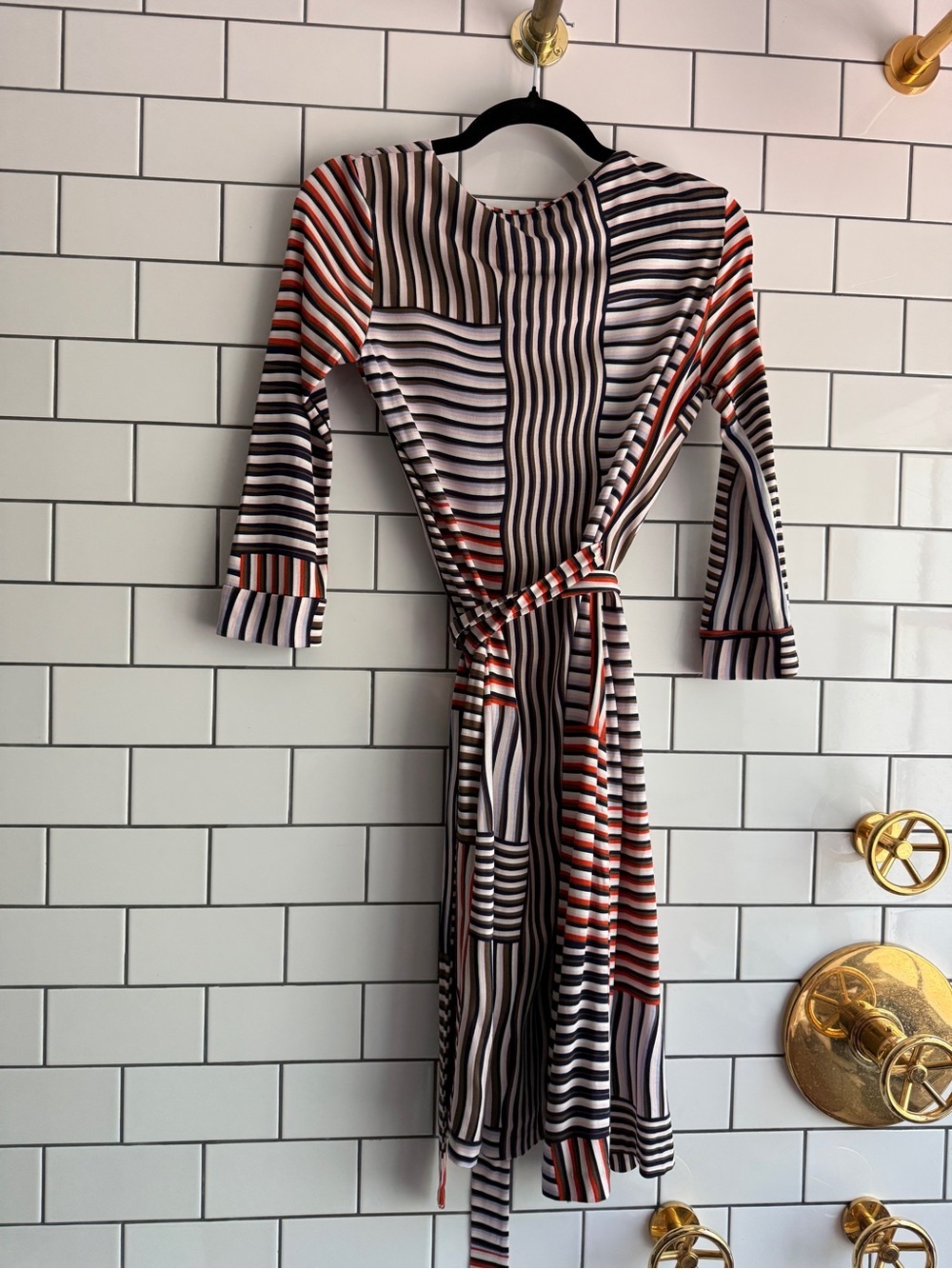 Diane Von Furstenberg Multi-Striped Wrap Midi Dress in Navy, White & Orange - Picture 9 of 9